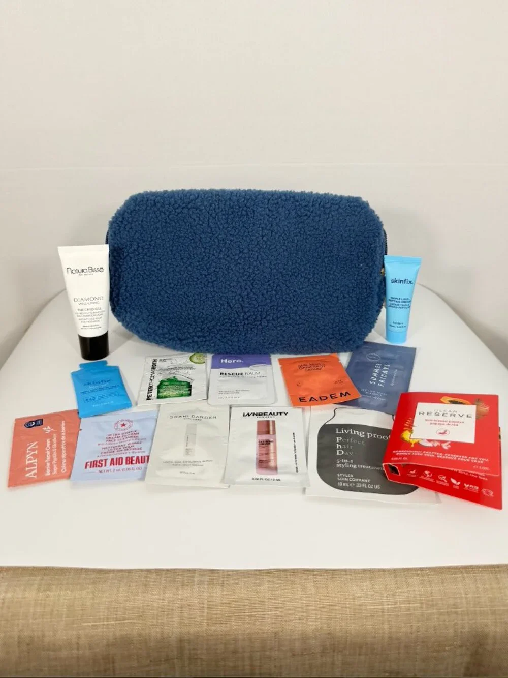 Sephora Fuzzy Makeup Bag 12+ pc Luxury Skincare Hair Beauty Sample Bundle NEW